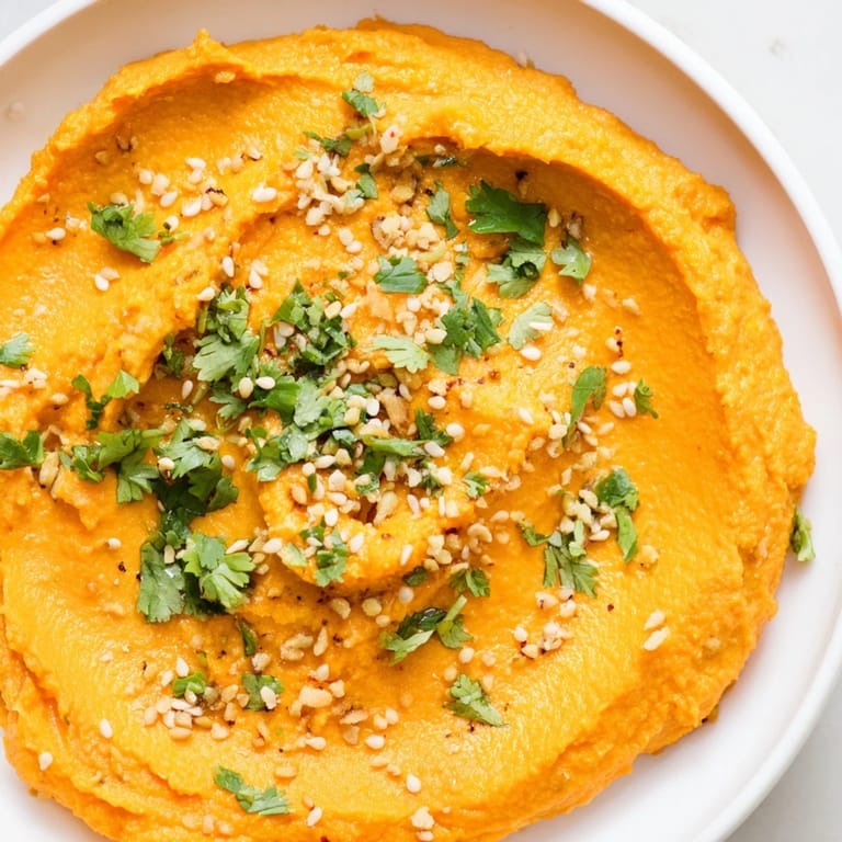 A close-up of a vibrant carrot ginger dip, a delicious vegetarian appetizer, perfectly smooth.