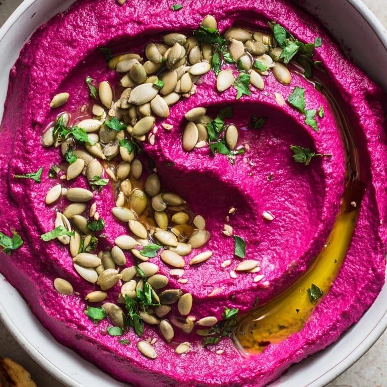 Homemade beet hummus, earthy and colorful, garnished with seeds and olive oil, ready to serve.