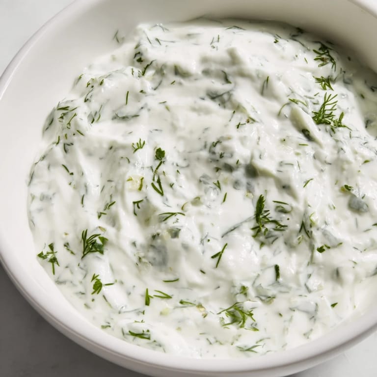 Close-up of a delightful Greek yogurt herb dip, showing the texture with fresh dill and chives.