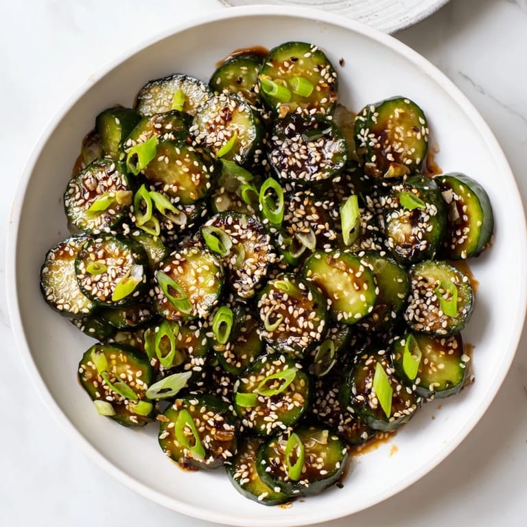 Close-up shot shows Shake Shake Garlic Cucumbers, glistening with a flavorful soy sauce dressing.