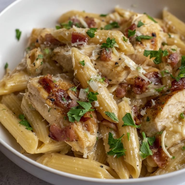 This flavorful Creamy Chicken Bacon Penne recipe boasts a rich, creamy sauce and savory toppings.