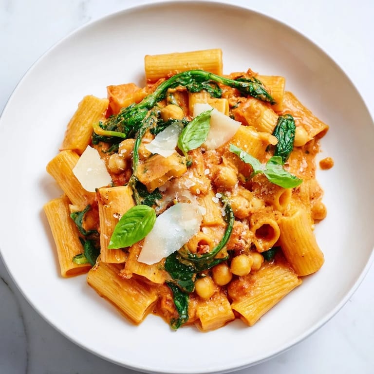 A close-up of piping hot Creamy Tuscan Chickpea Pasta, showcasing the creamy texture and vibrant flavors.