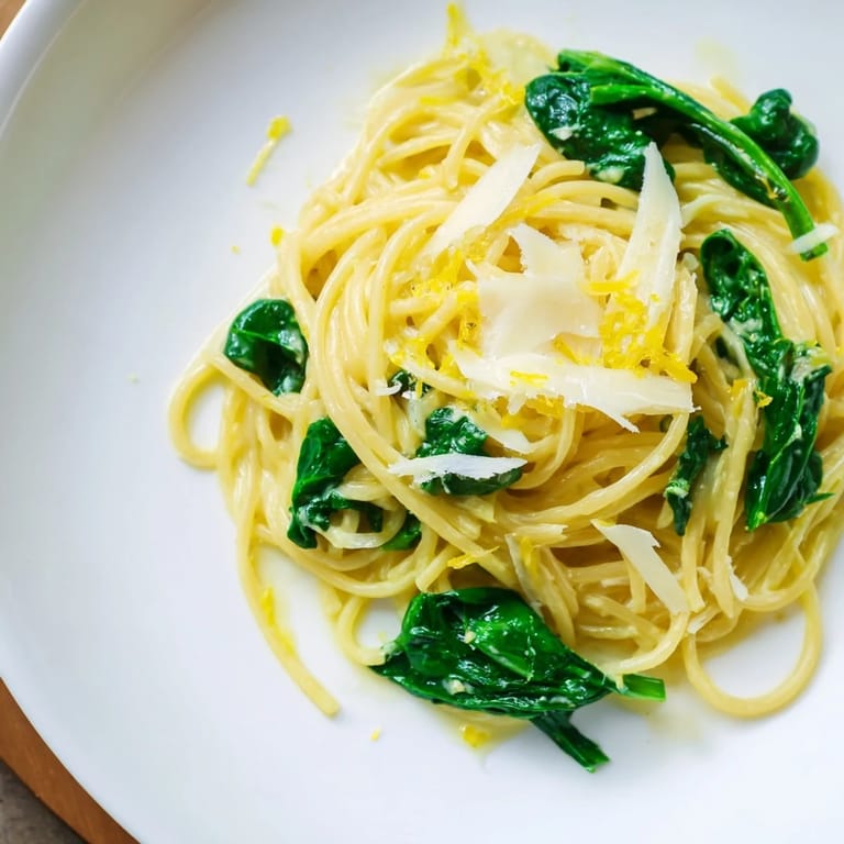 A plate of creamy lemon spinach spaghetti, a comforting vegetarian Italian dish.