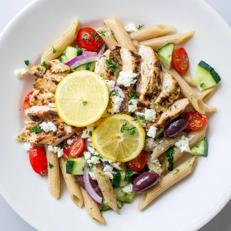 This Greek Chicken Pasta Bowl features tender chicken, olives, and feta, beautifully arranged for a vibrant dish.