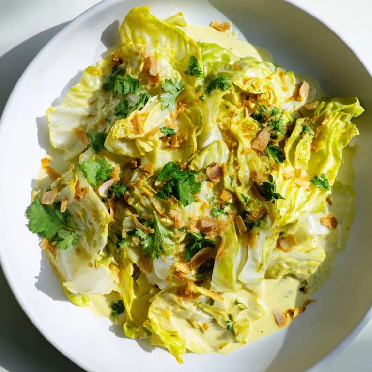 Würziger Grüner Kohl in cremiger Kokos-Sauce, serviert mit frischem Koriander und würzigen Gewürzen.