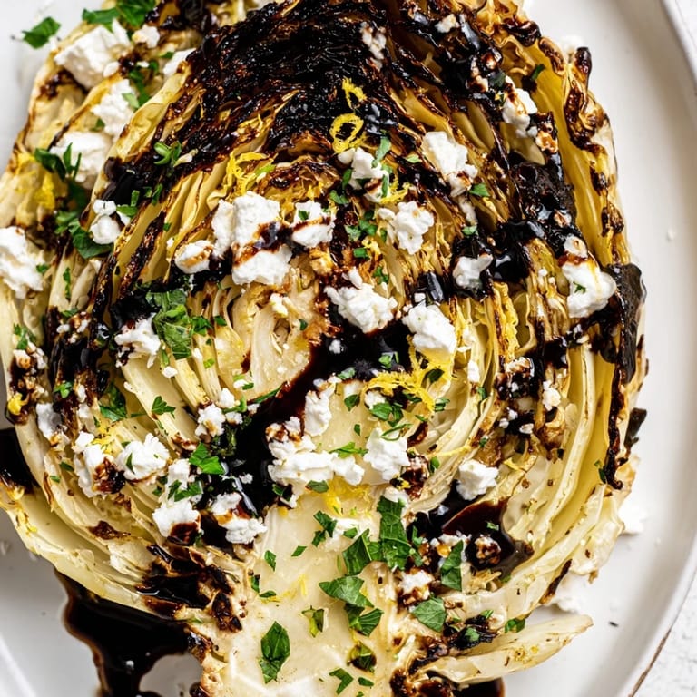 Gekrönte, knusprige Cabbage-Steaks mit cremigem Feta und balsamico-beglitzter Oberfläche auf rustikalem Teller.  