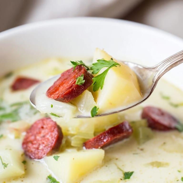Ein aromatisches Potato, Leek and Chorizo Soup, zubereitet mit Olivenöl, Gewürzen und mit Brot serviert.