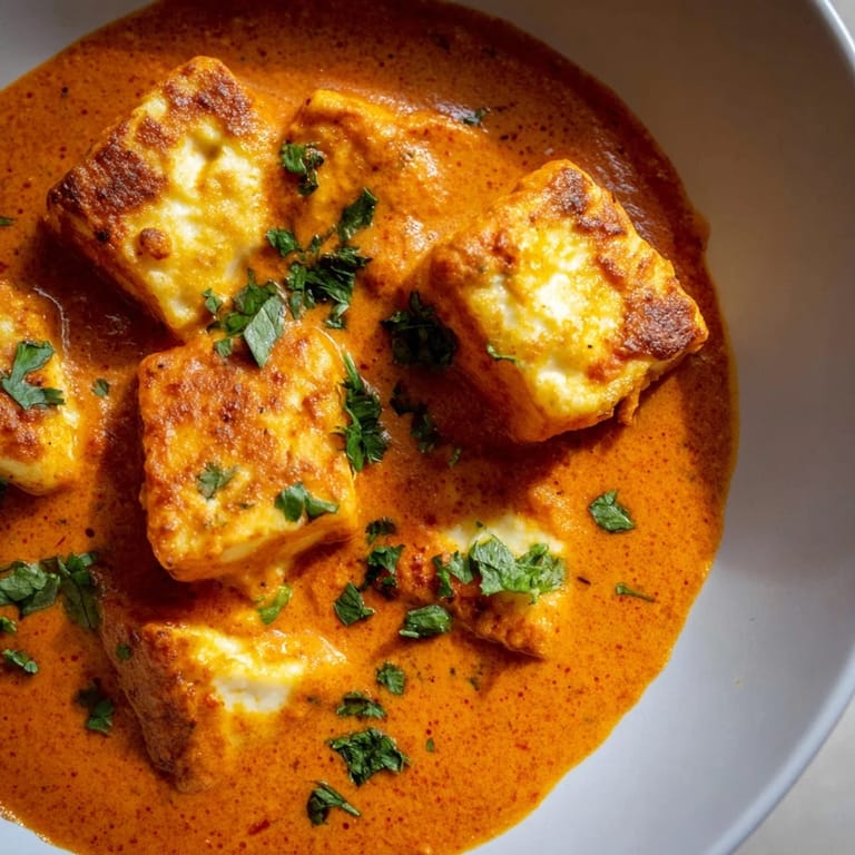 A bowl of Creamy Halloumi and Tomato Curry garnished with cilantro and lemon wedges, served over fluffy rice