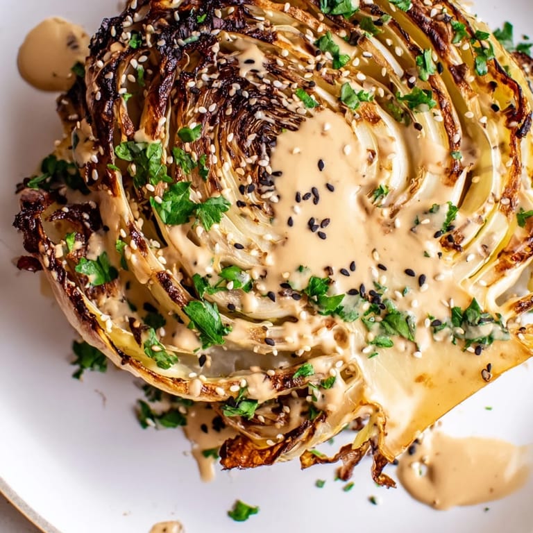 Mittelöstlich inspirierte Roasted Cabbage Steaks mit Sesam-Samen und Petersilie garniert, fertig zum Servieren.