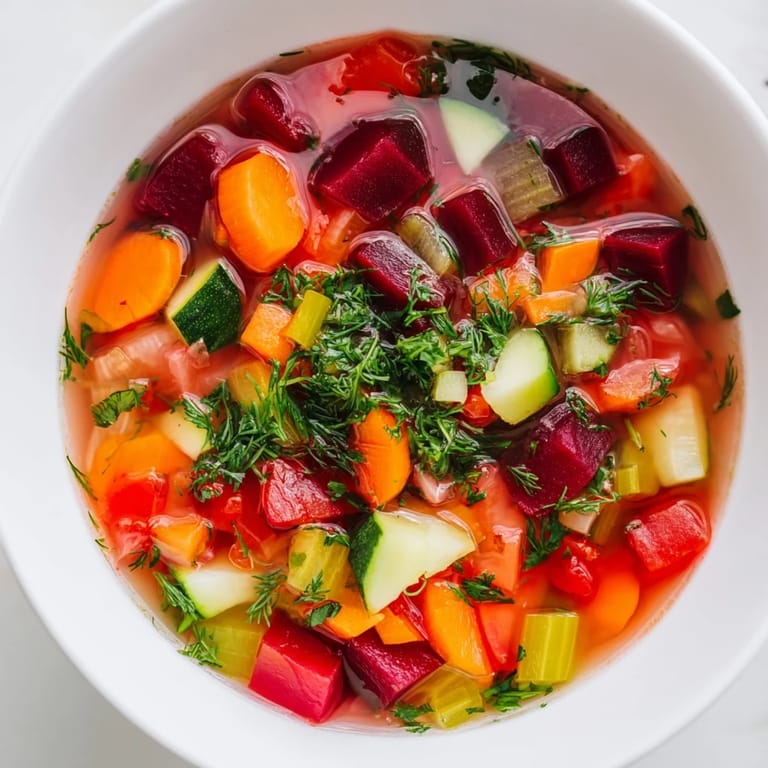 Die Rainbow Vegetable Detox Soup füllt einen Teller mit farbenfrohen Karotten, Rote Beete, Zucchini und Paprika in einer nahrhaften Brühe.  