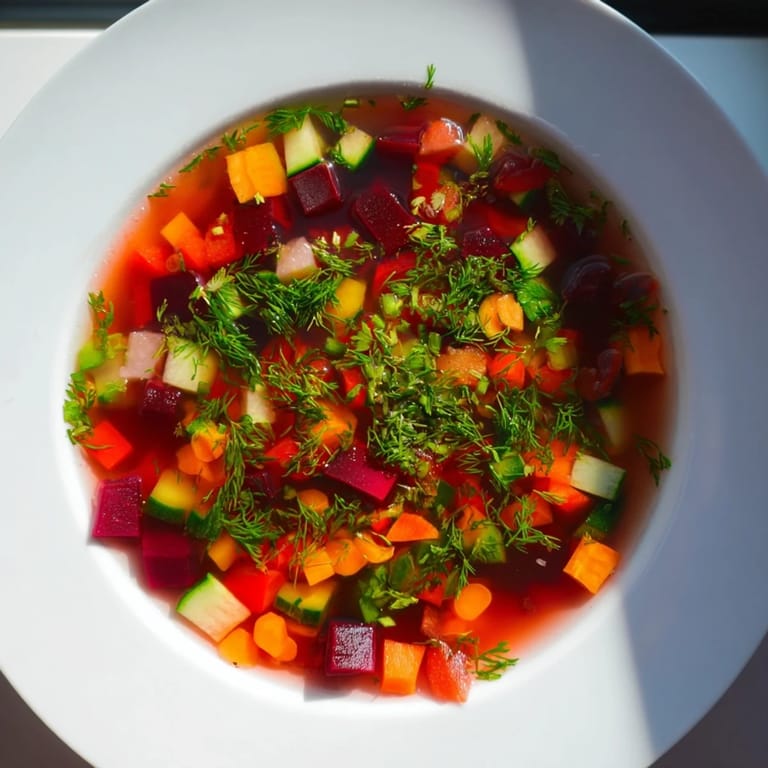 Farbenfrohe Bowl der Rainbow Vegetable Detox Soup mit weichen Gemüsestücken und frischer Petersilie, perfekt für einen gesunden Detox-Abend.