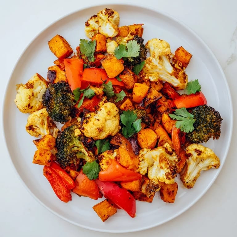 Frisch zubereitete Anti-Inflammatory Turmeric Roasted Vegetables mit Kräutern und Zitronensaft, serviert warm als Beilage.