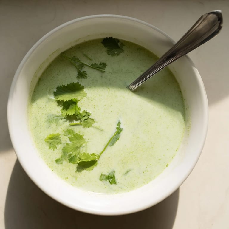 Vibrant green spinach coriander lemongrass soup in a white bowl, steam rising.