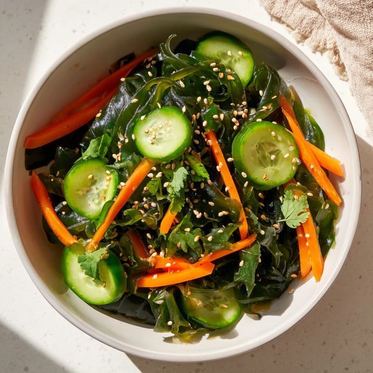Farbenfroher Seaweed Salad aus Japan mit Sesam und frischem Koriander serviert.