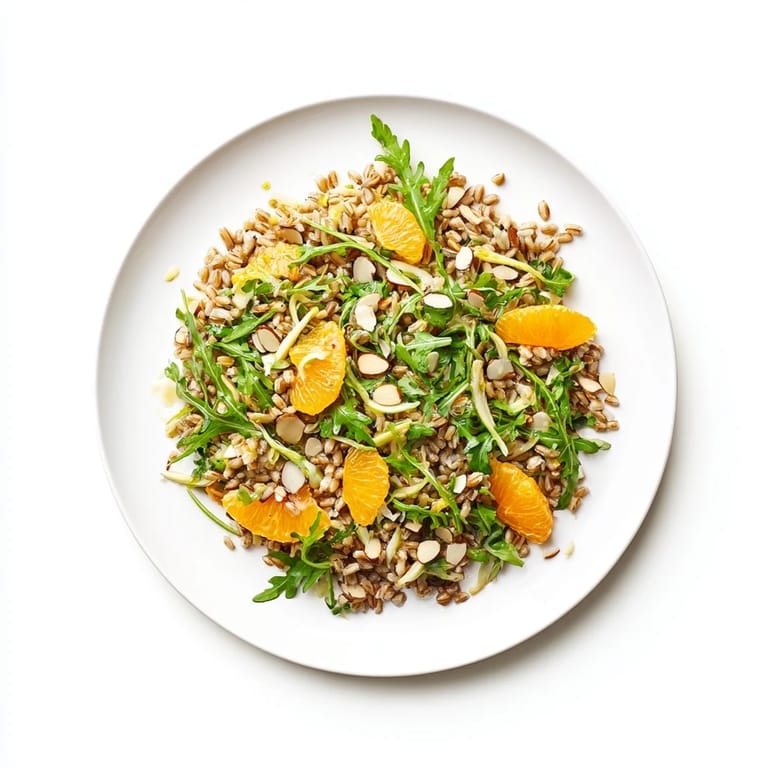 Gesunder Farro-Salat mit Fennel, Orangen und knusprigen Mandeln, serviert als erfrischendes Mittagessen im Glas.