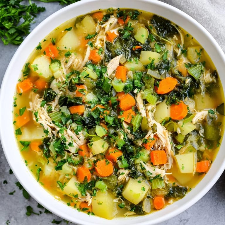 Vibrant Collard Greens, Chicken and Vegetable Soup served hot, garnished with fresh parsley and lemon