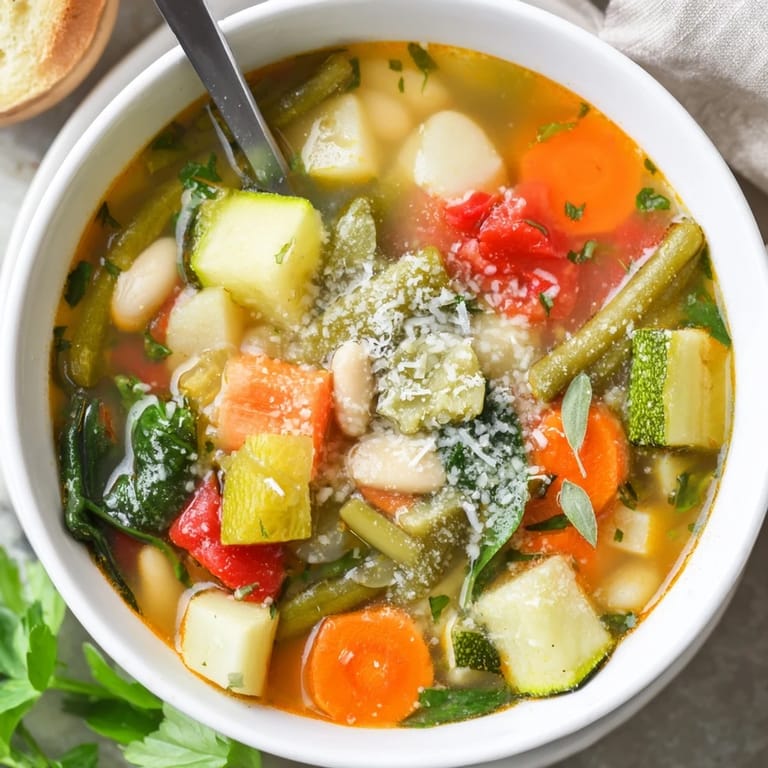 Hearty Italian Herb Vegetable Soup served in a ceramic bowl, garnished with parsley and a slice of crusty bread.