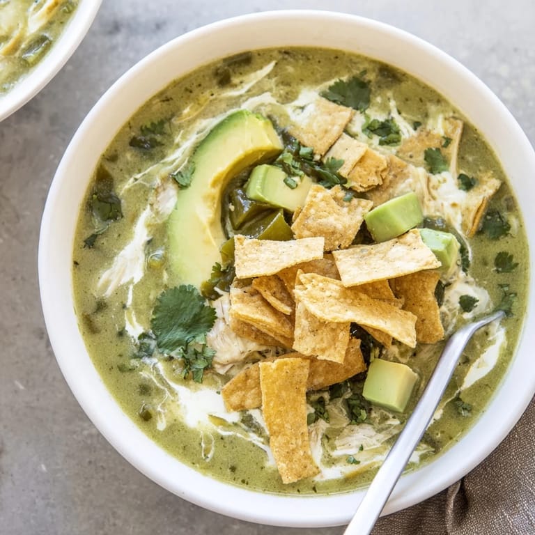 Hühnchen-Tortilla-Suppe mit zartem Hähnchenbrustfilet, würziger Käse-Creme und frischer Limette, serviert in einer schüssel mit Cilantro.