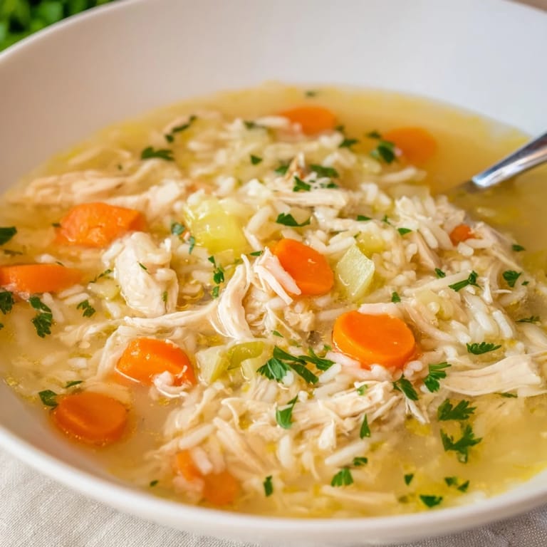 Gedünstete Cozy Winter Chicken and Rice Soup in einer gemütlichen Schüssel, serviert mit knusprigem Brot zum Eintauchen.