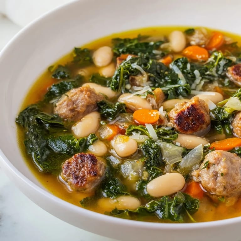 Nahaufnahme cremiger Weißbohnensuppe mit italienischer Wurst und Kale auf keramischem Teller.