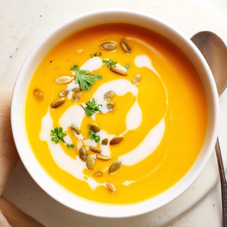Eine dunkle Schüssel mit seidiger Pumpkin Soup, verziert mit einem Schuss Sahne und Petersilie.