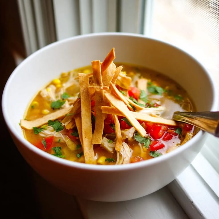 Zartes Hühnchenfleisch, maisgelbe Körner und feurige Tomaten in einer Best Chicken Tortilla Soup.