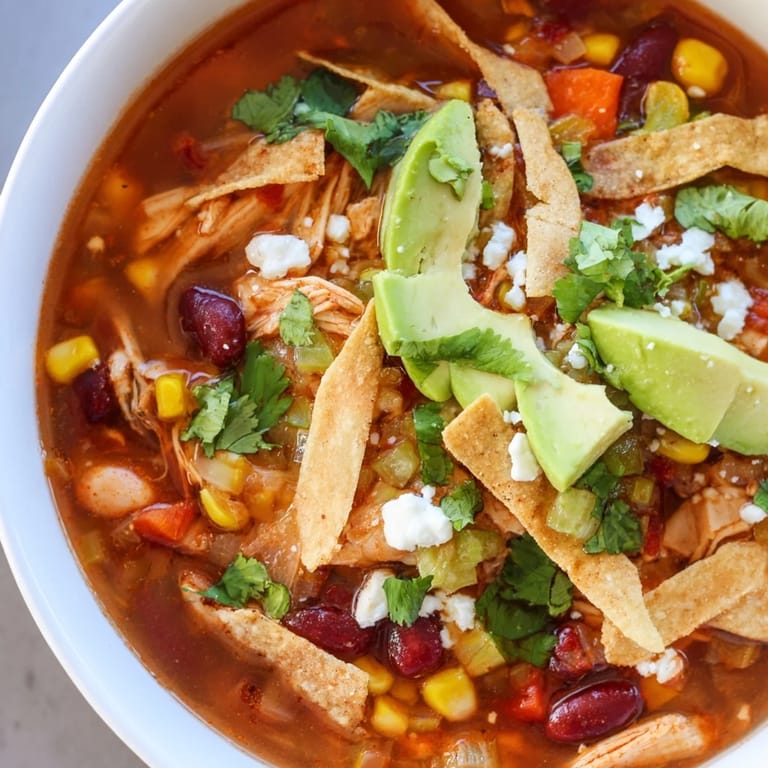 Löffel Chicken Tortilla Soup aus einer rustikalen Schüssel, voll mit saftigem Hähnchen, roter Paprika und einer Prise Gewürze.