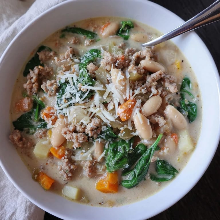 Steaming bowl of Epic Creamy Tuscan White Bean Soup With Sausage served with crusty bread for dipping.
