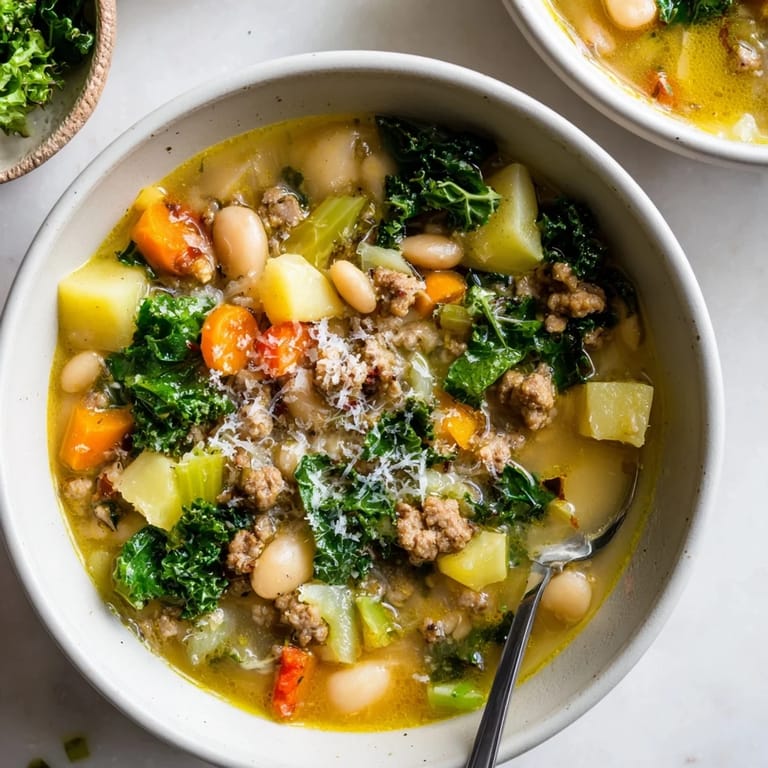 Ladle of Tuscan White Bean Sausage Soup over crusty bread, garnished with freshly grated Parmesan cheese.