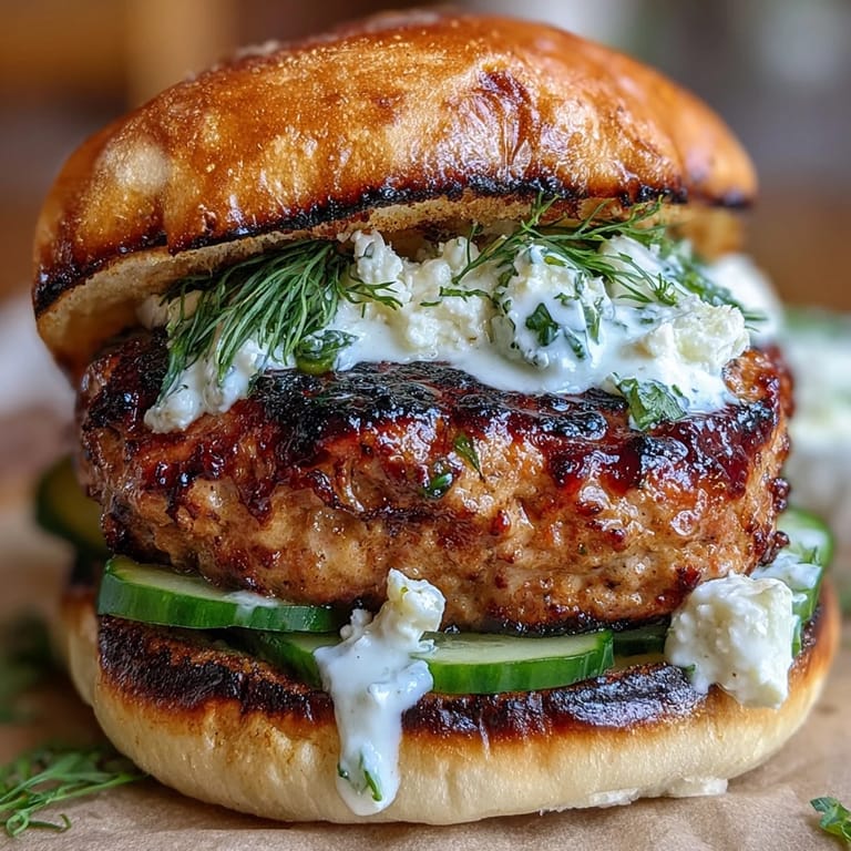 Saftige griechische Hühnerburger mit Tzatziki, Tomaten und Gurken auf einem weichen Brioche-Brötchen