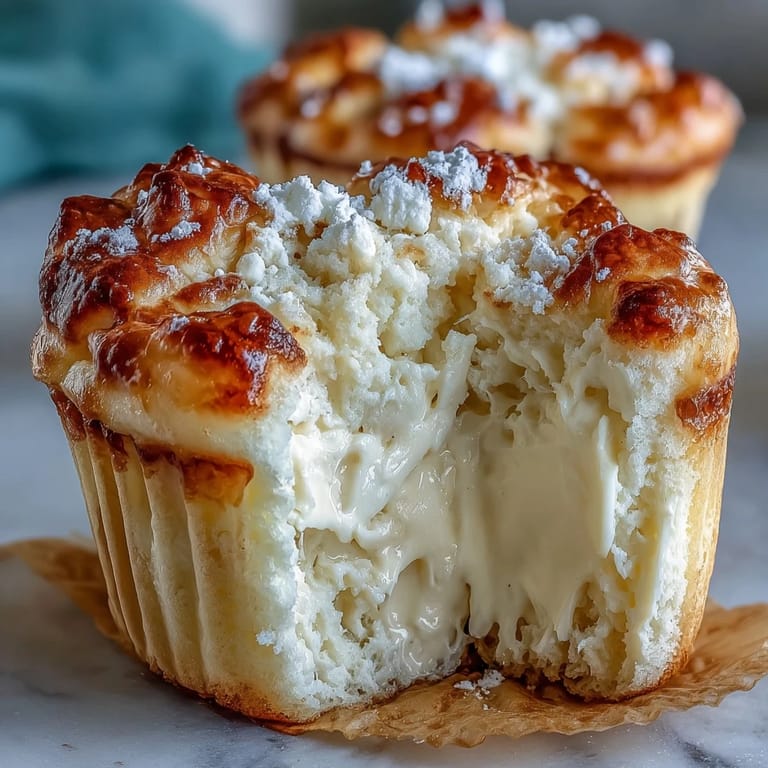 Dieses Rezept für Japanese Cotton Cheesecake Cupcakes zeigt cremige Topping-Schichten mit frischen Beeren im Hintergrund.  