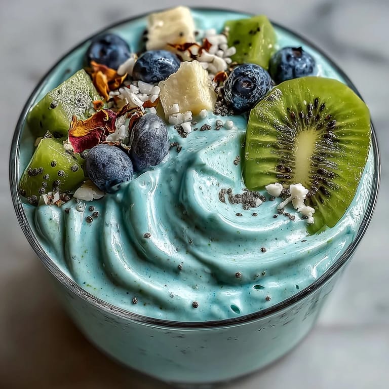 Pflanzliches Frühstück: cremiger mermaid-blue Smoothie-Bowl mit Chiasamen und leuchtenden Obst-Toppings für einen gesunden Start.