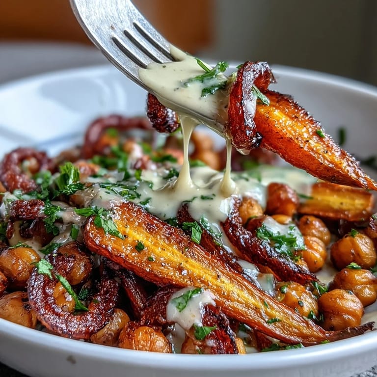 One-Pan Roasted Carrot and Chickpea Bowl mit cremiger Zitronen-Tahini-Sauce beträufelt, garniert mit Petersilie und auf Quinoa serviert für ein sättigendes Mittagessen.