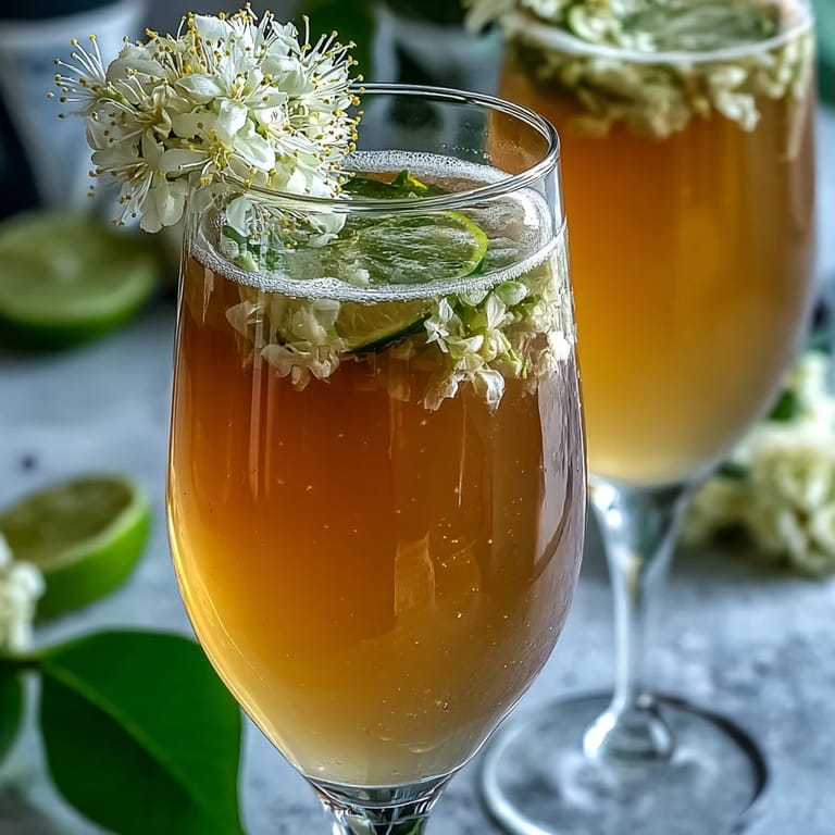 Glas Elderflower Guava Mimosa neben frischen Guavascheiben und Blüten für sommerliche Stimmung.
