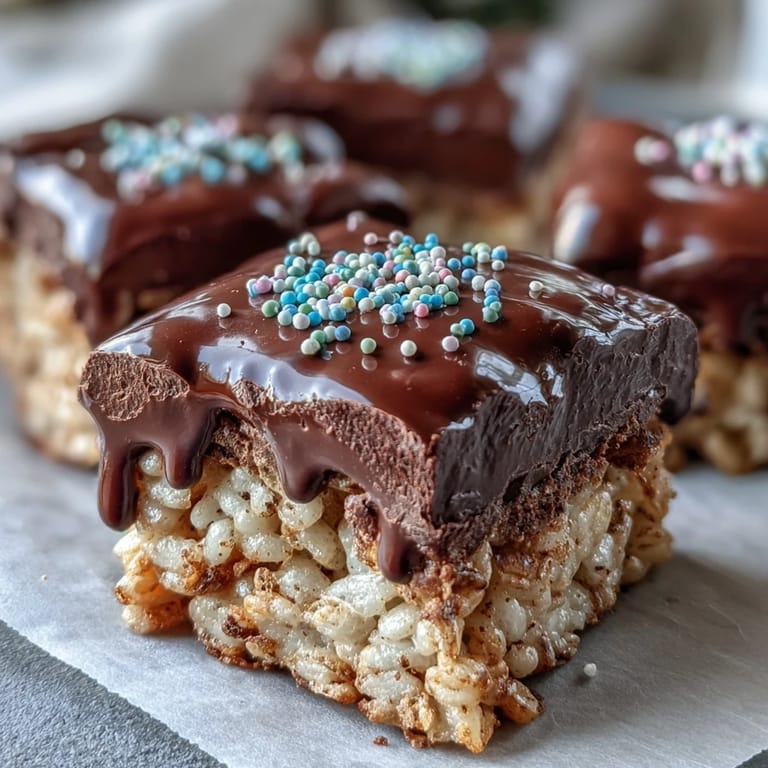 Homemade Chocolate Covered Rice Krispy Treats arranged on parchment, showing a glossy chocolate finish and crunchy cereal.