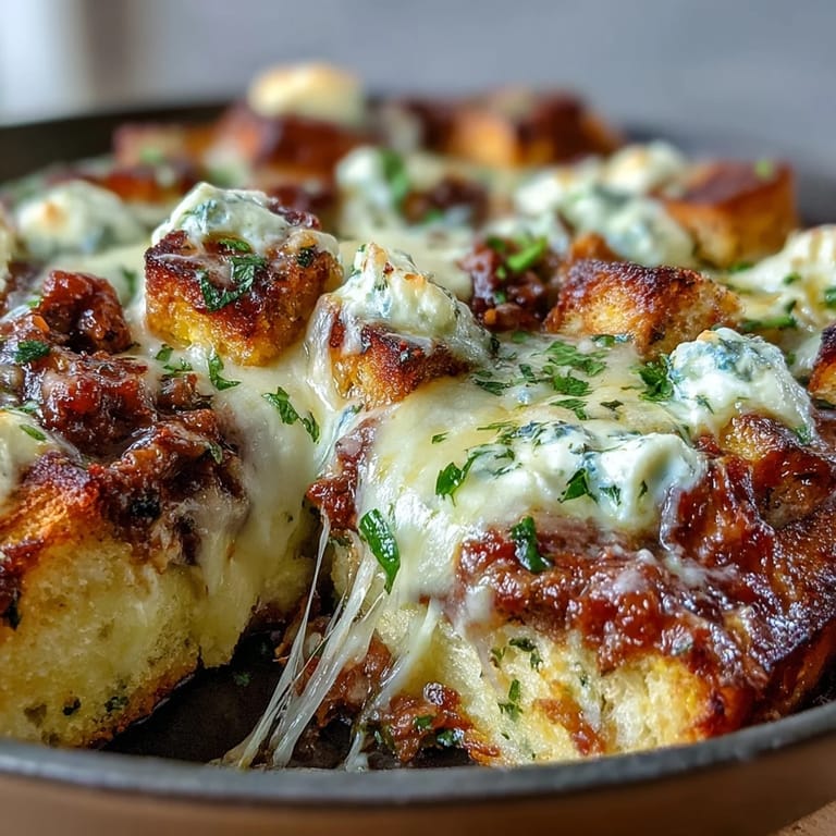 Frisch gebackene Cheesy Garlic Bread Lasagna Skillet mit geschmolzenem Käse in Gusseisenpfanne
