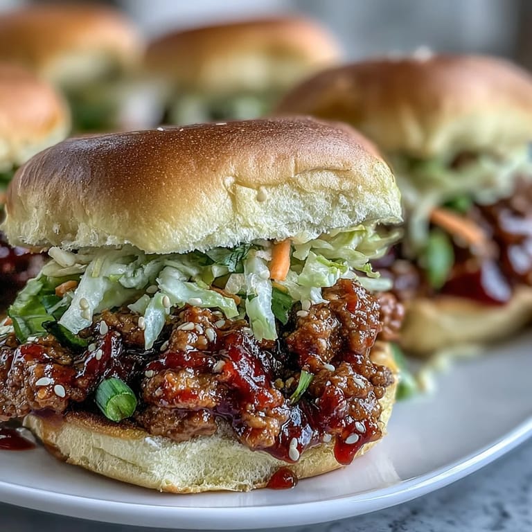 Hausgemachte Korean Turkey Sloppy Joe Sliders mit knusprigem Gemüse-Slaw und Sesam bestreut.