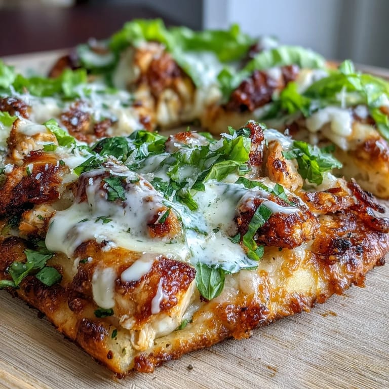 Eine Pizza-Variante mit Caesar-dressingsbasierter Hähnchen-Füllung, auf knusprigem Naan und frischem Salat serviert.