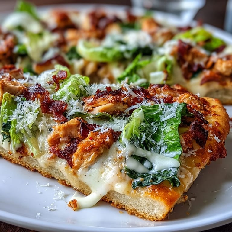 Frischer Rucola auf heißen Garlic Naan Chicken Caesar Pizzas mit Parmesan-Spänen und Cäsaren-Dressing.