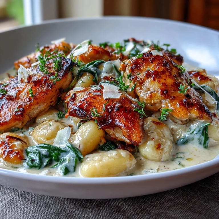 A comforting plate of One-Pan Creamy Garlic Chicken Gnocchi topped with Parmesan and fresh parsley