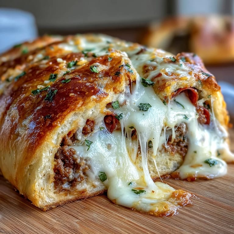 Leicht angeschnittener Baked High-Protein Pepperoni Stromboli mit beefyem Füllungsaufstrich und Peperoni-Scheiben.