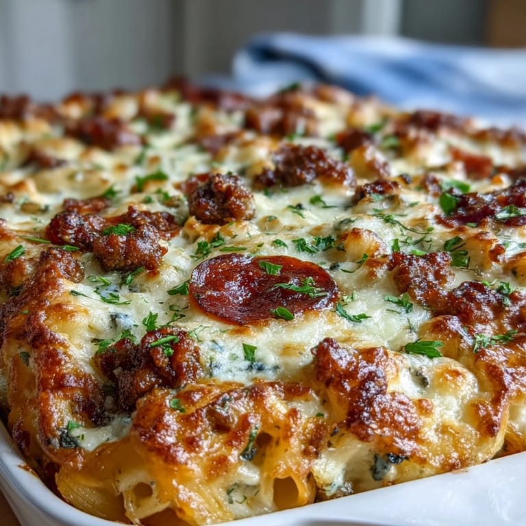 Leckere High-Protein Pizza Pasta Bake serviert mit Salat und Chianti für ein abendliches Comfort Food Essen.