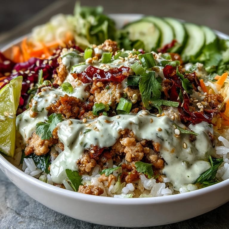 Genieße Spicy Bang Bang Turkey Rice Bowls mit würzigem Truthan und duftendem Jasminreis auf Teller.