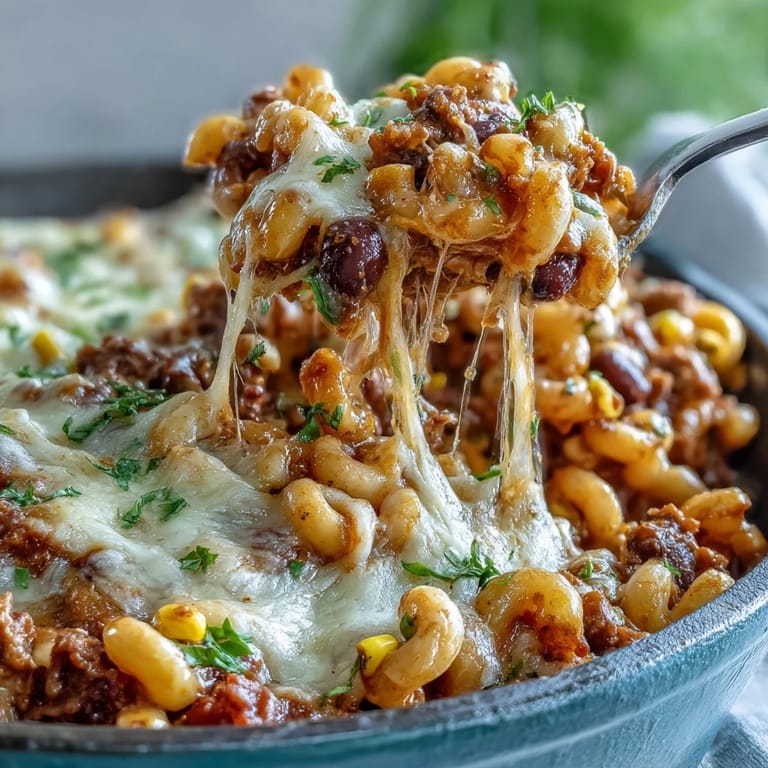 Sizzling One-Pot Tex-Mex Chili Mac with Corn in a skillet, featuring black beans, corn, and vibrant peppers.