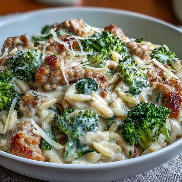 Familienfreundliche Creamy Garlic Turkey & Broccoli Orzo-Pfanne, nahrhaft und aromatisch für ein gemütliches Abendessen.