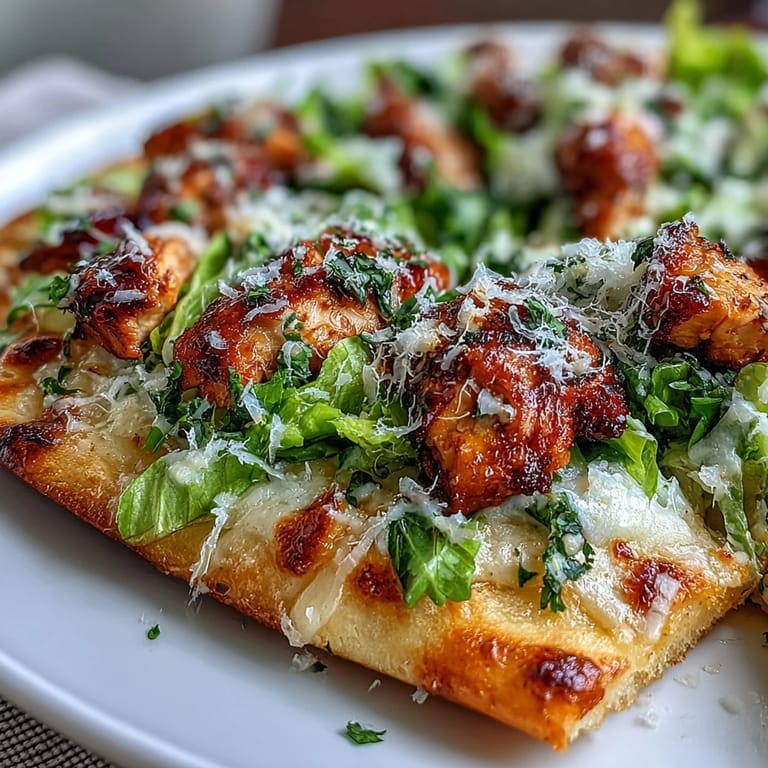 Genieße fusion Garlic Naan Chicken Caesar Pizza, frisch aus dem Ofen mit zarter Hähnchenfüllung und cremigem Käse.