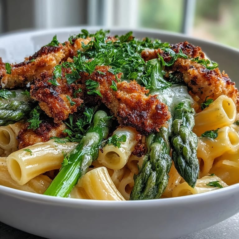 Goldene Hähnchenstreifen und grüne Spargelstangen in cremiger Nudelsoße mit Parmesan-Topping.