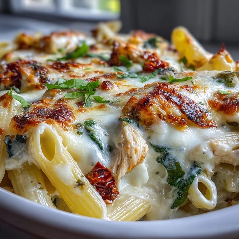 Golden Greek Yogurt Chicken Alfredo Bake bubbling with creamy sauce, spinach, and shredded chicken in a baking dish.