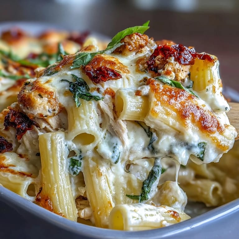 Freshly baked Greek Yogurt Chicken Alfredo Bake garnished with parsley, alongside a green salad for a complete meal.