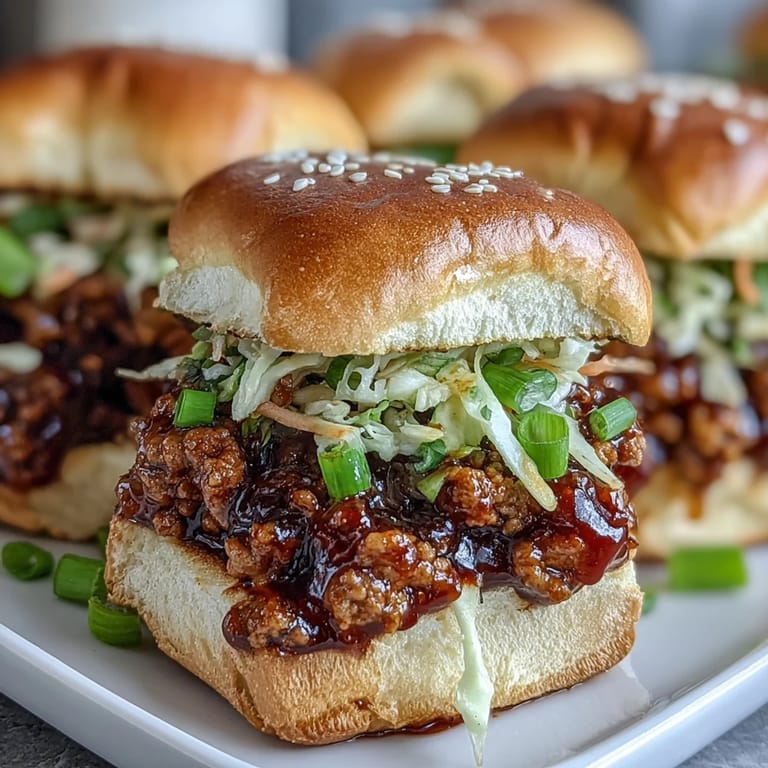 Frisch zubereitete Korean Turkey Sloppy Joe Sliders belegt mit würziger Truthahn-Paste und knackigem Gemüse-Slaw.